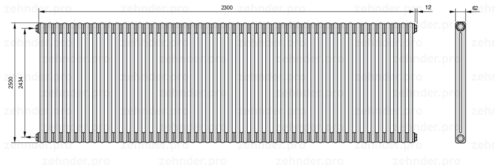 Схема (чертеж) Радиатор Zehnder Charleston 2250/50 №1270 Белый глянцевый RAL 9016